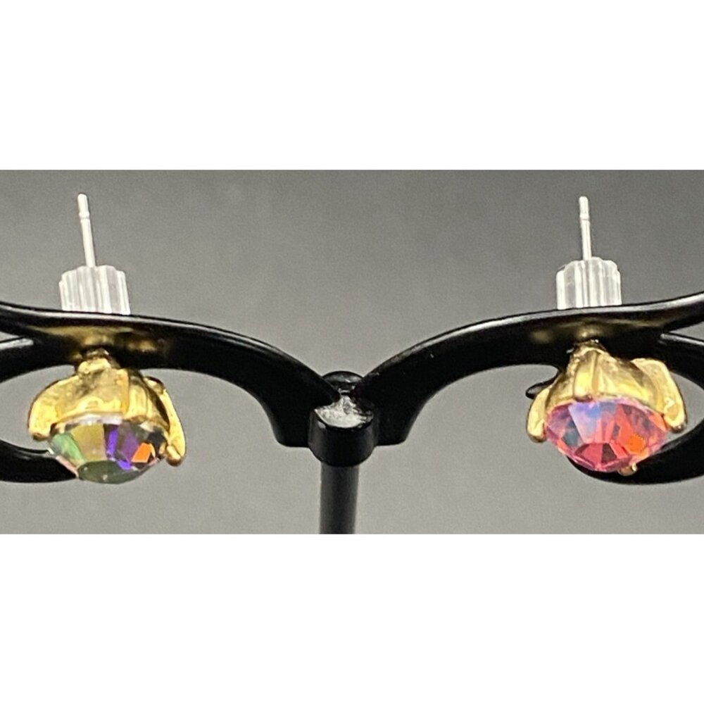 Kirk's Folly AB Faceted Crystal Stud Earrings 7 mm Gold Tone Fairycore Signed - Picture 4 of 6